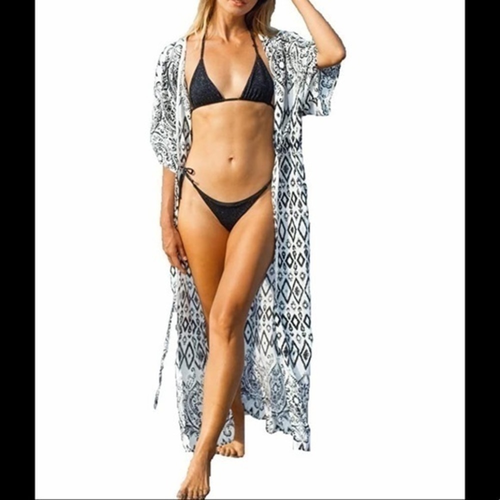 NEW Tribal Print BLK/WH Kimono Coverup Lightweight Robe Duster - Picture 2 of 5